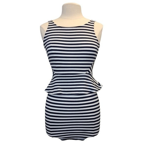 H&M Striped Peplum Bodycon Dress Sleeveless Blue White 4 - Picture 1 of 11